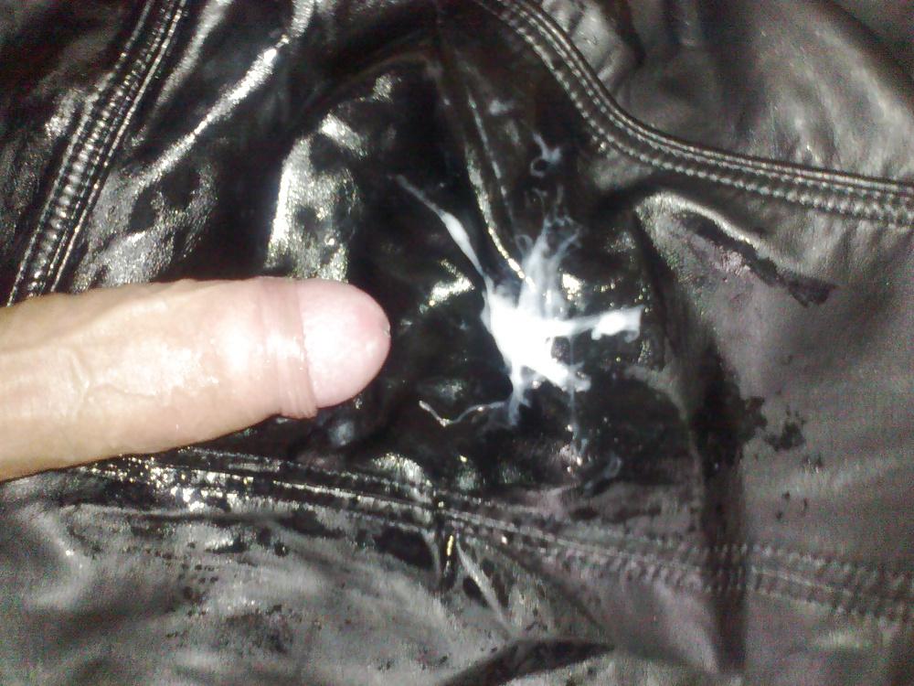 18P Cum with my sister's leather jacket