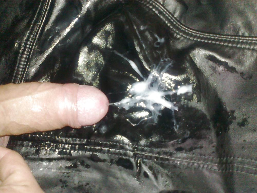 18P Cum with my sister's leather jacket