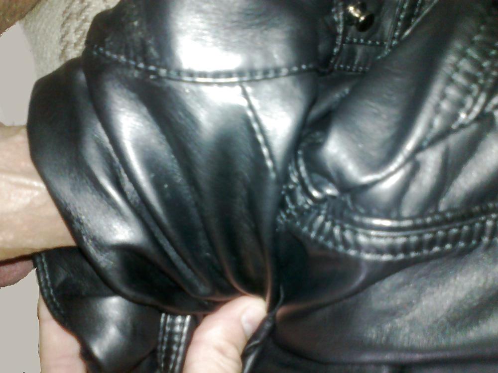 18P Cum with my sister's leather jacket