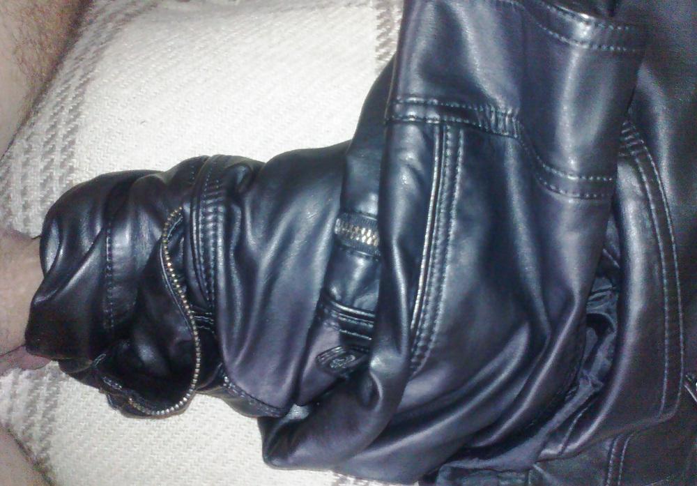 18P Cum with my sister's leather jacket