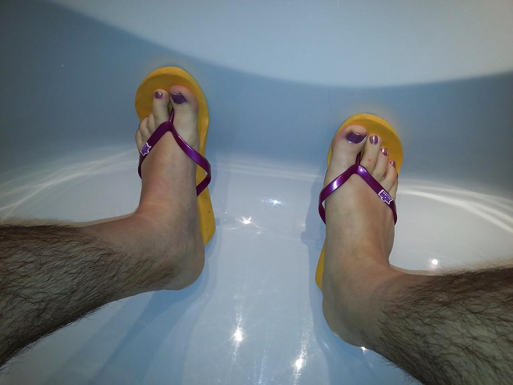 10P My feet with nylons, polish and my mother's flip flops