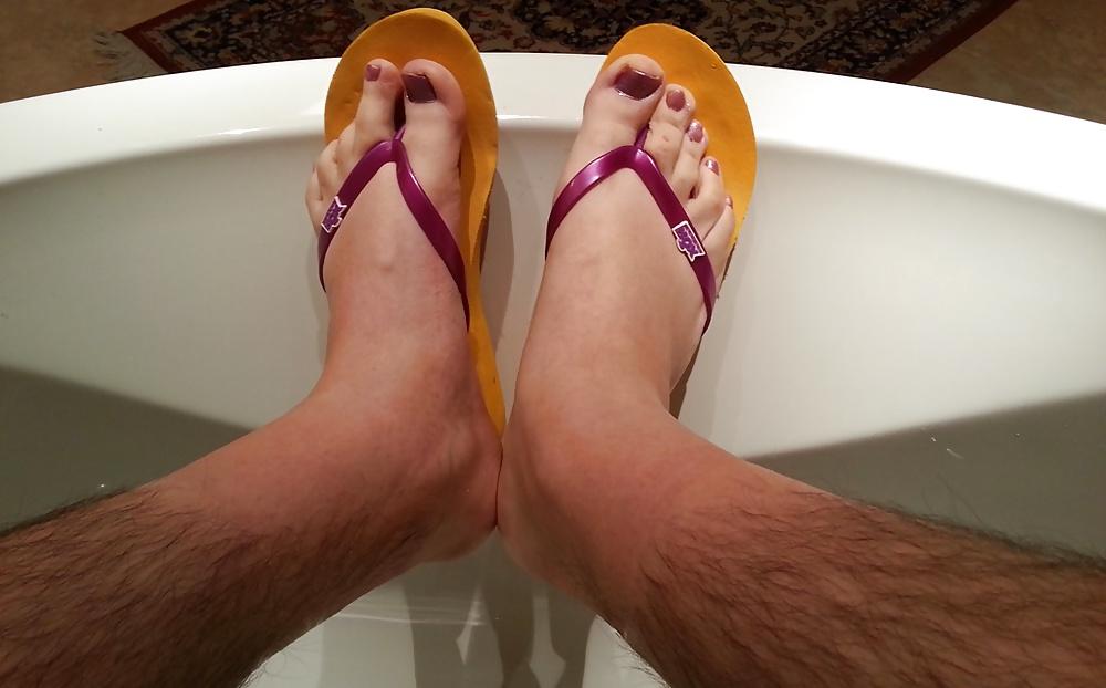10P My feet with nylons, polish and my mother's flip flops