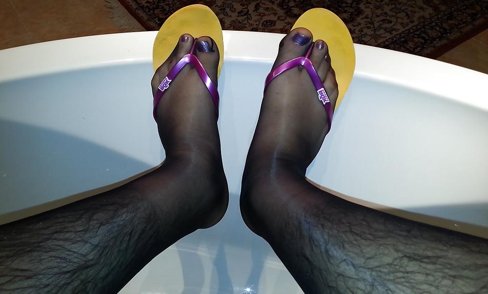 10P My feet with nylons, polish and my mother's flip flops