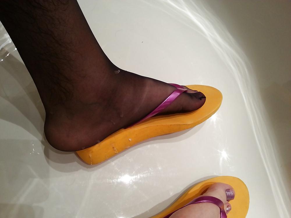 10P My feet with nylons, polish and my mother's flip flops