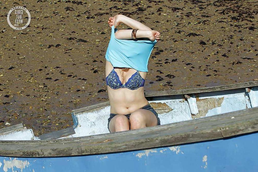 16P Hot blonde with a hairy pussy posing at the beach