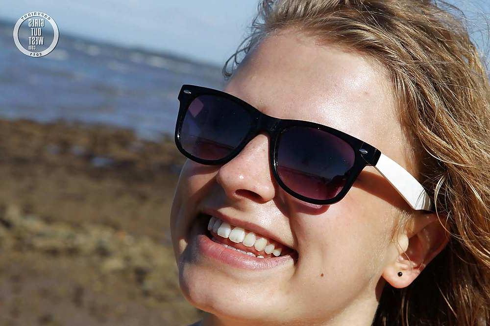 16P Hot blonde with a hairy pussy posing at the beach