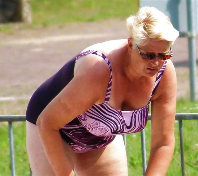 25P Busty granny on the beach! Mixed!