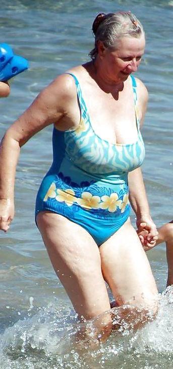 25P Busty granny on the beach! Mixed!