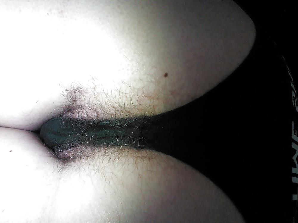 25P Hairy Panties rear view up close. Peek-a-Boo Pubes