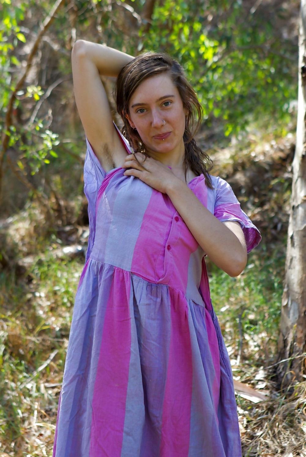 15P Roe, pierced hippie girl with hairy armpits and pussy