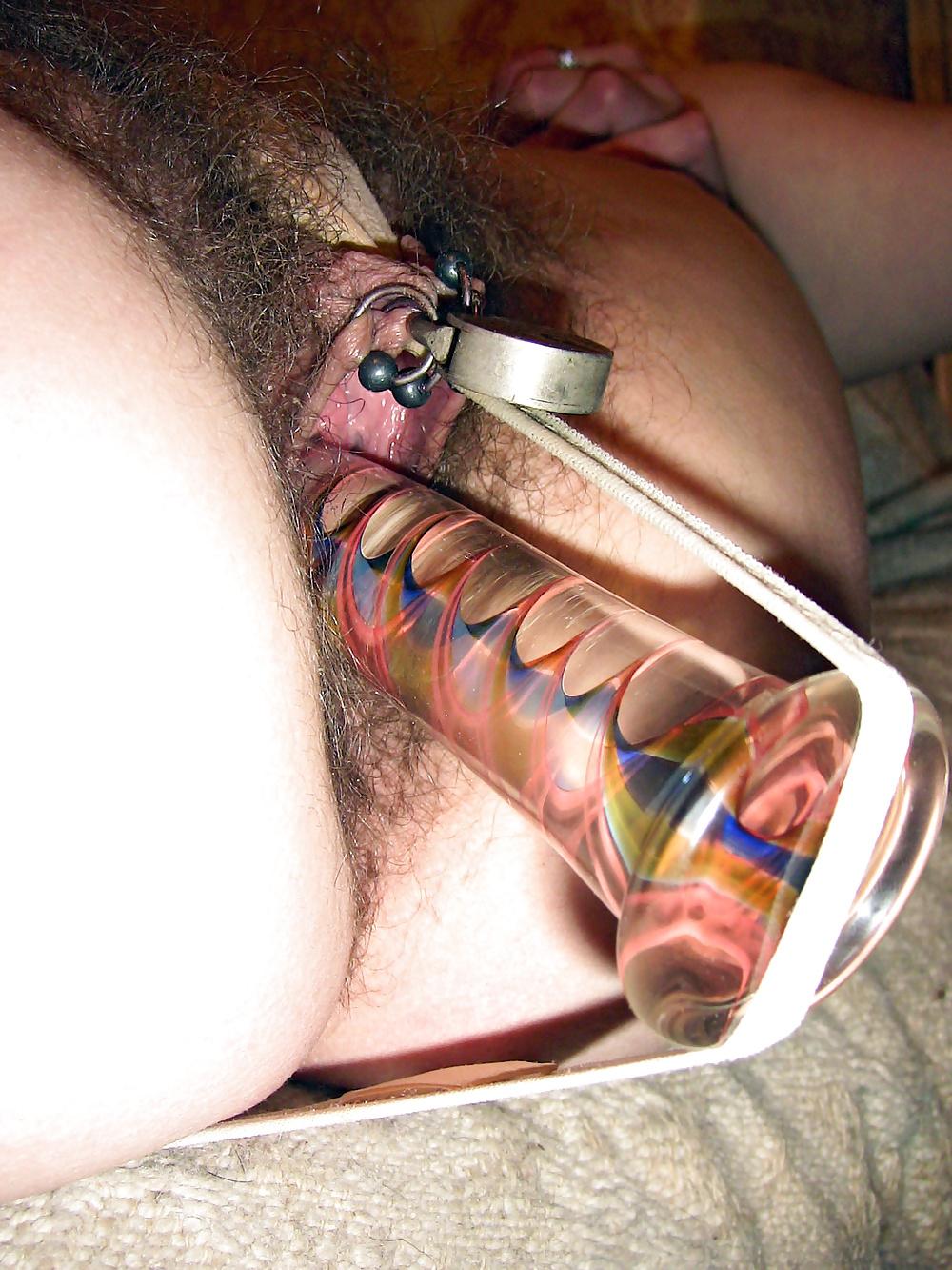 16P Tim171 Shackled hairy pussy and the glass dildo