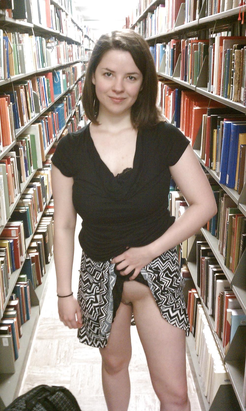 15P Brunette flash in library
