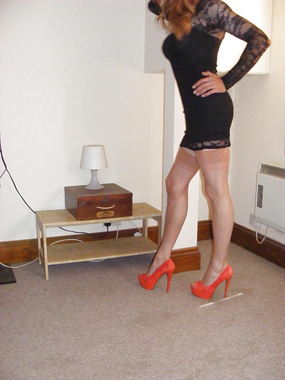 25P Slutty tranny LBD, nylon, heels and a hard cock