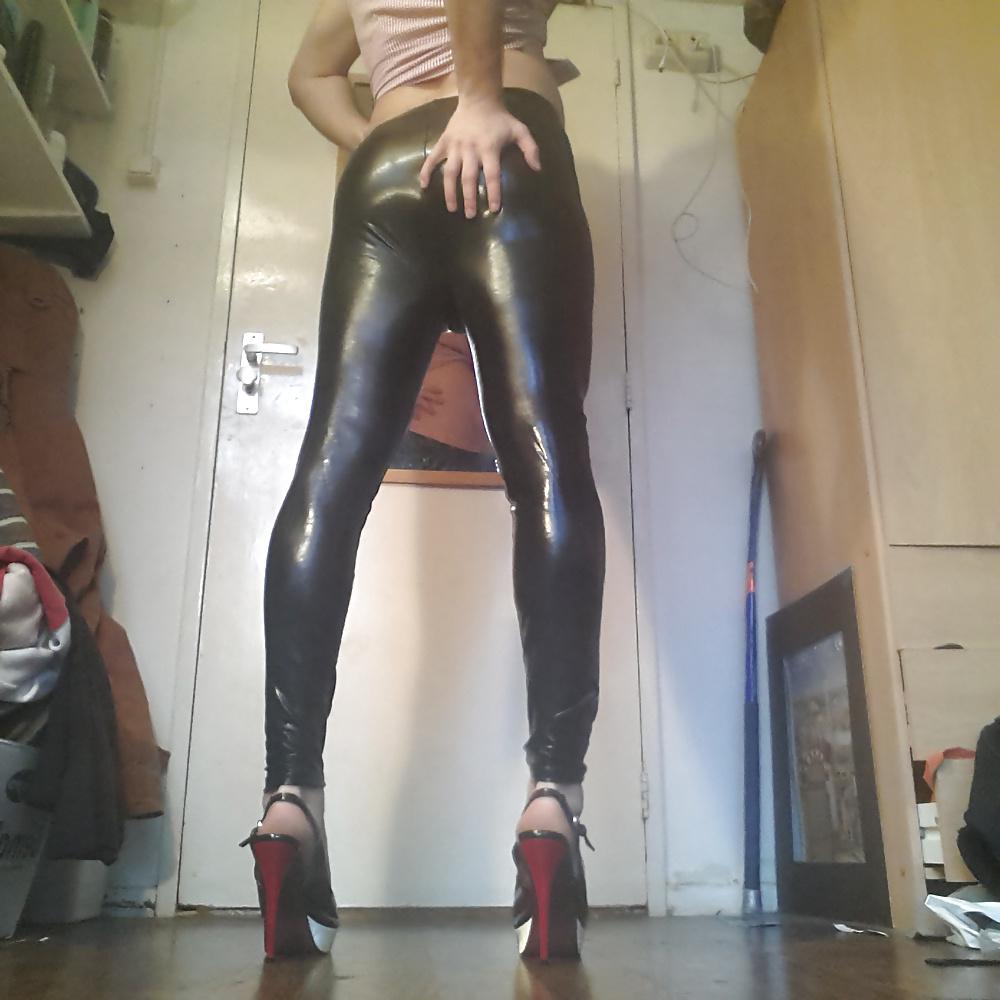 4P Teen Tgirl in sexy leather leggings and high heels