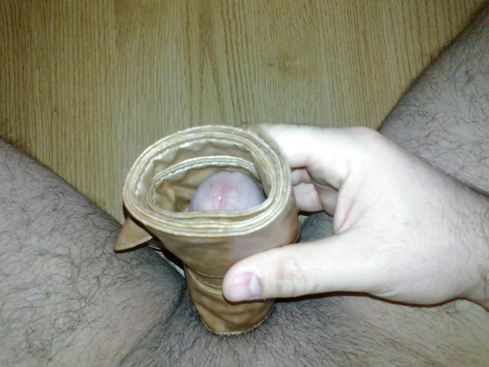 11P Jacking off with sister's leather blet