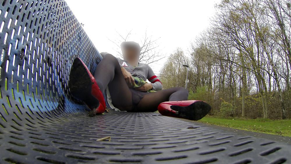 18P Public park minidress heels strip and flash traffic