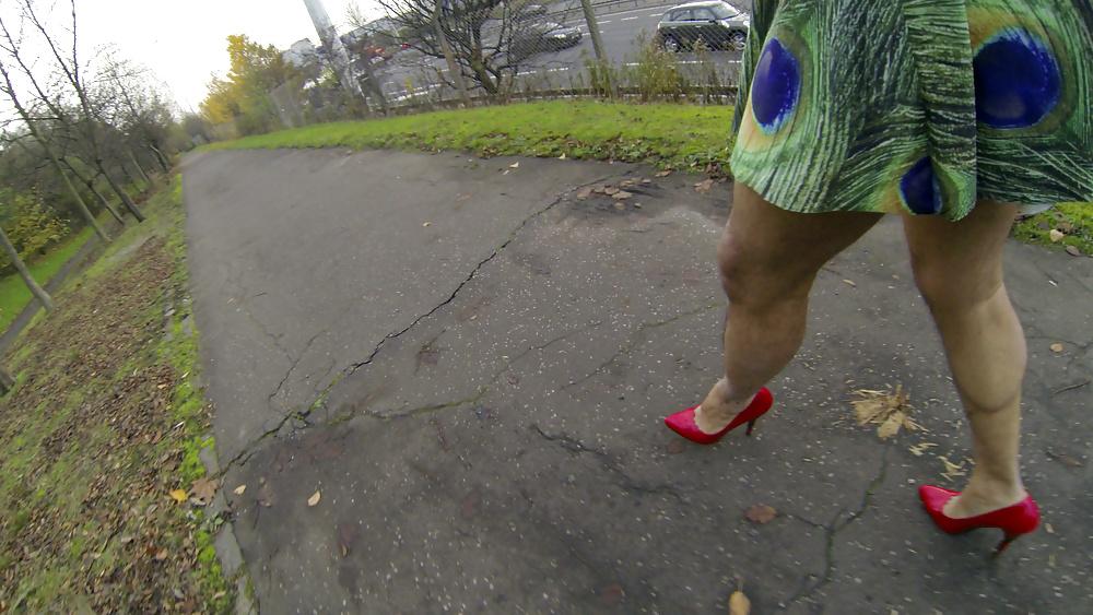 18P Public park minidress heels strip and flash traffic