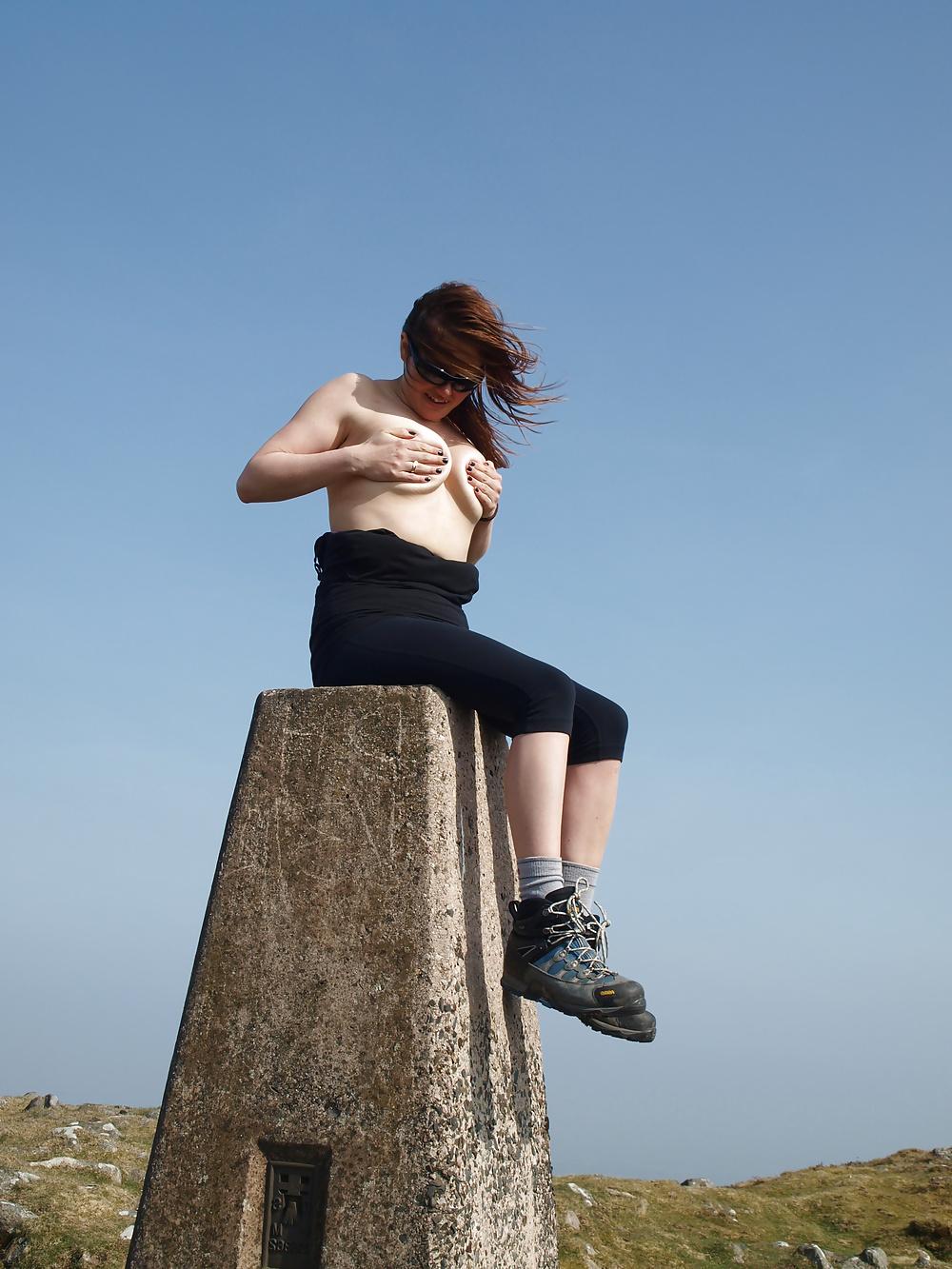 9P Flashing boobs on a trig point whilst hiking on dartmoor