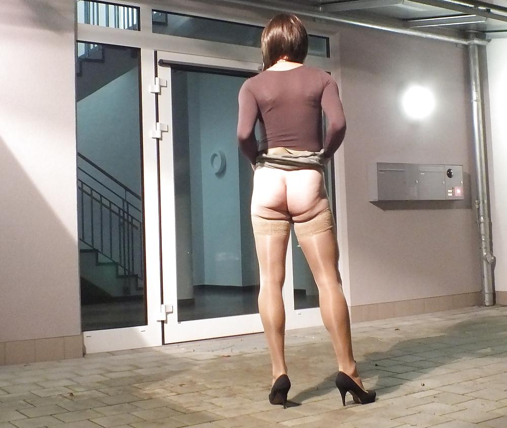 5P Nylon Pantyhose Flash with chastity Outdoor Hannover