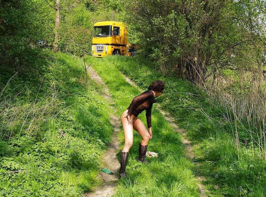 10P Brunette flashing in the road