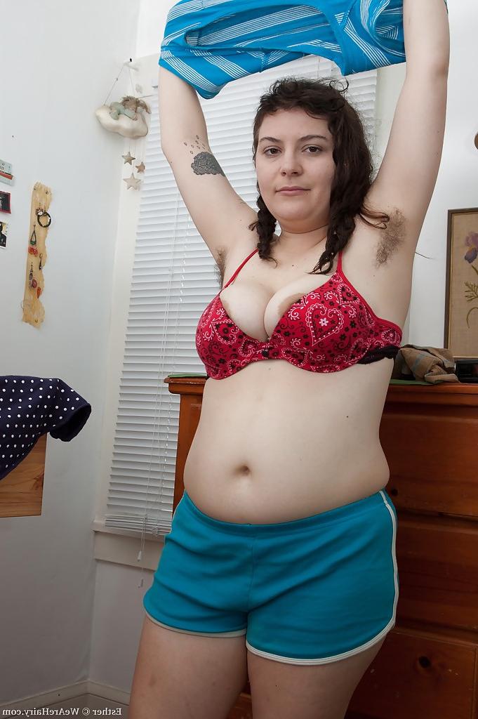 16P Fatty woman Esther stripping and masturbating her shaggy twat