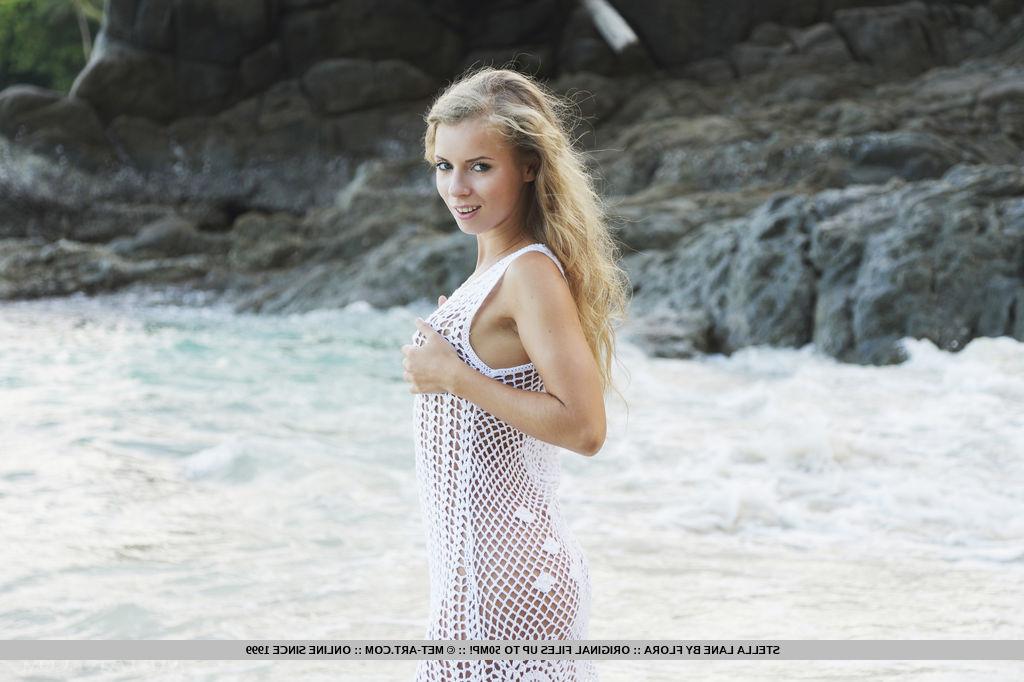18P European babe Stella Lane spreading smooth teen pussy on beach