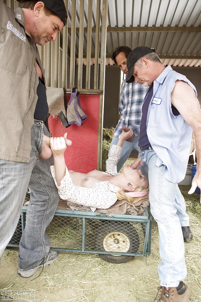16P Blonde farm girl Miley May sucking off three men for facial cumshots