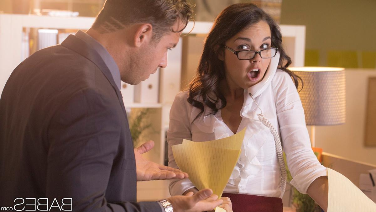 14P Brunette Dillion Harper in glasses gets cum on tits in reality office blowjob