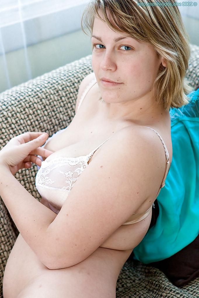 16P Busty blonde Augustine poses in lingerie before spreading hairy cooter
