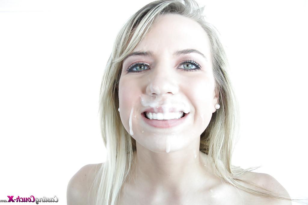16P Blonde first timer deepthroats cock during bj for cum on pretty face