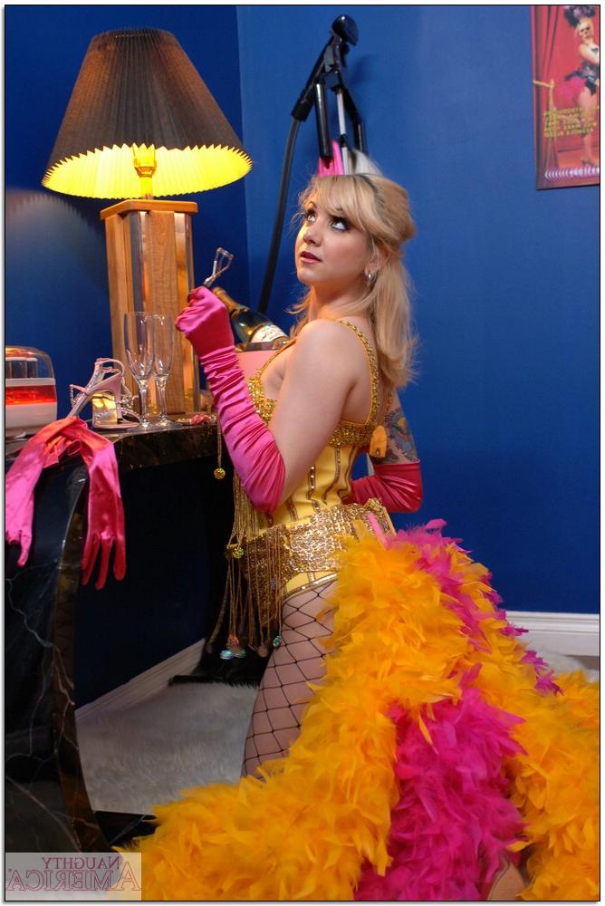 16P Flexible college girl Karina Kay posing in fishnet pantyhose and corset