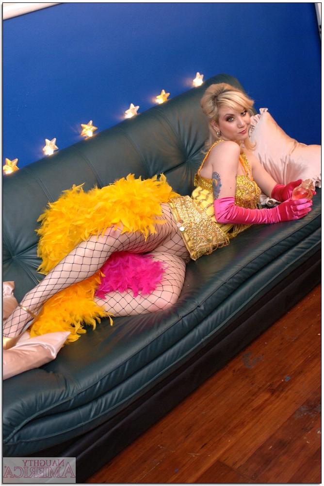 16P Flexible college girl Karina Kay posing in fishnet pantyhose and corset