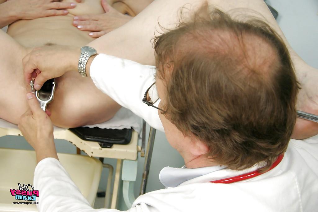 16P Granny in Glasses strips her ass for a perverted pussy exam by the Doc