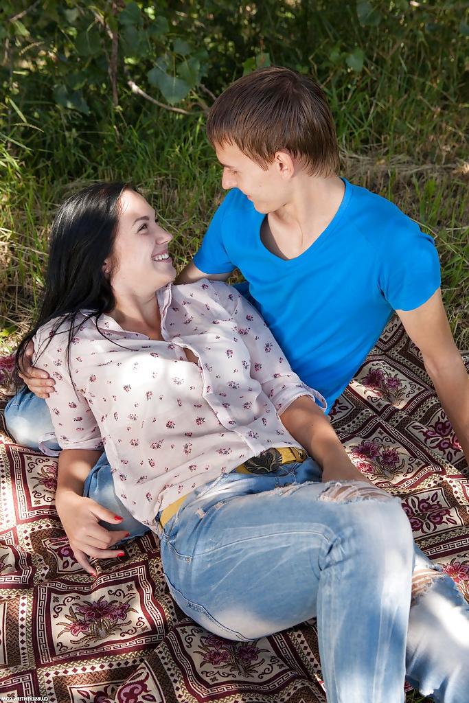 16P 18 yer old brunette girlfriend Viki A giving a blowjob in the forest