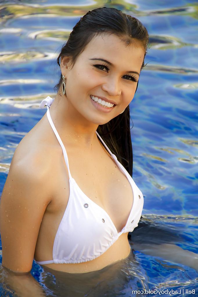 16P Stunning Asian shemale Bell stroking her cock in a pool