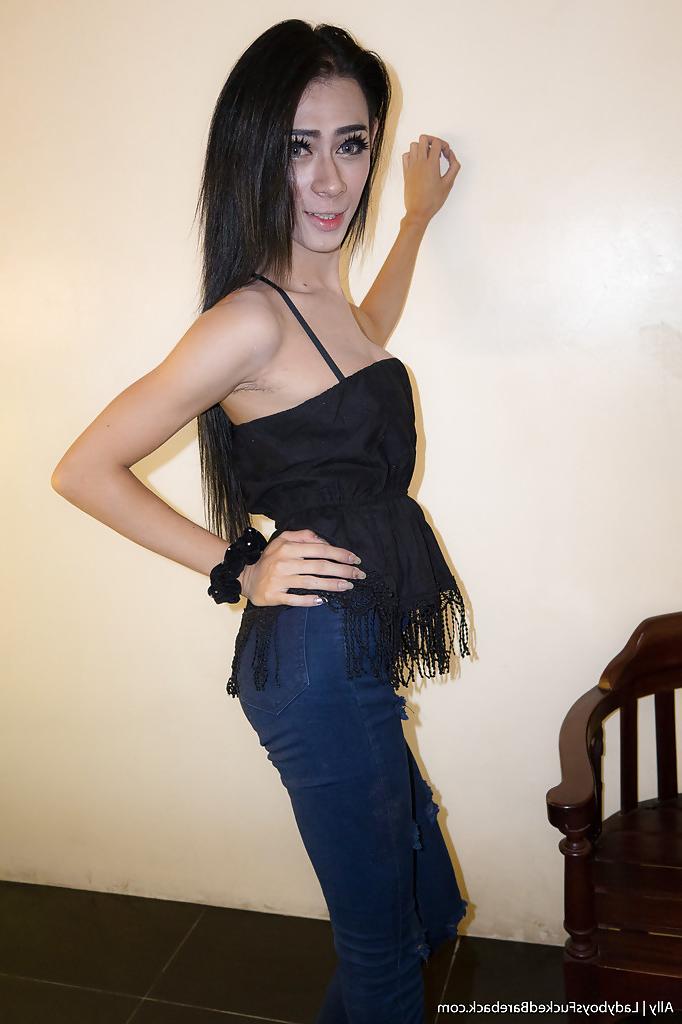 16P Cute Asian shemale Ally gets her butt fucked bareback complete with ceampie