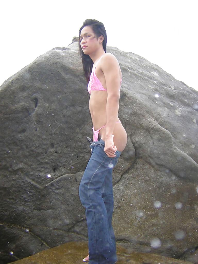 16P Skinny Asian shemale Ho showing off nice legs and masturbating outdoors