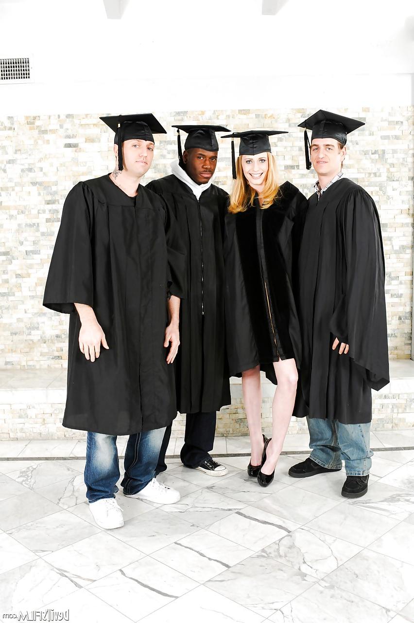 15P Blonde grad in heels spreads to flash nude upskirt in interracial group grope