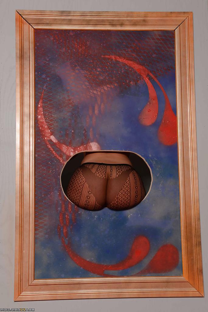 16P Big boobed blonde Julie Cash posing solo in pantyhose and high heels