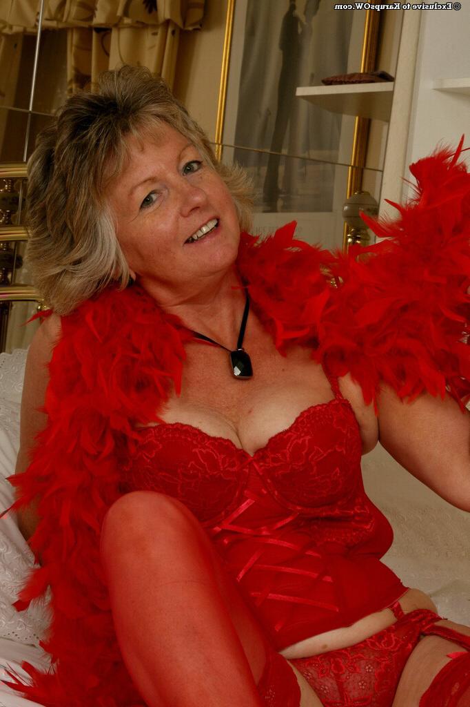 16P Mature lady in red lingerie taking off her panties and teasing her pierced slit