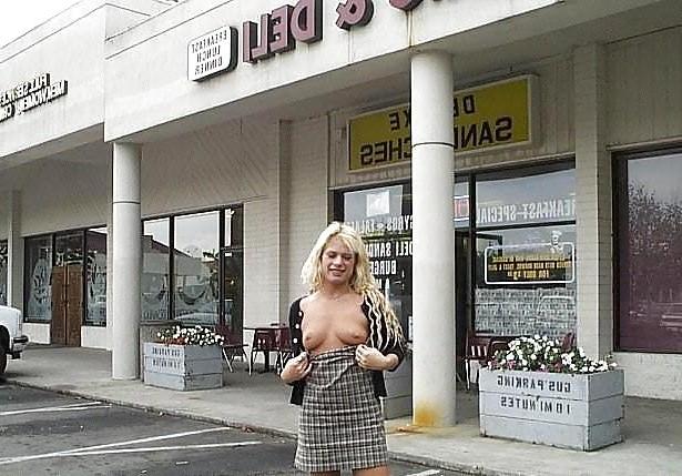 16P Blonde flashing in shop and outdoor