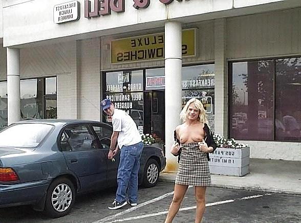 16P Blonde flashing in shop and outdoor