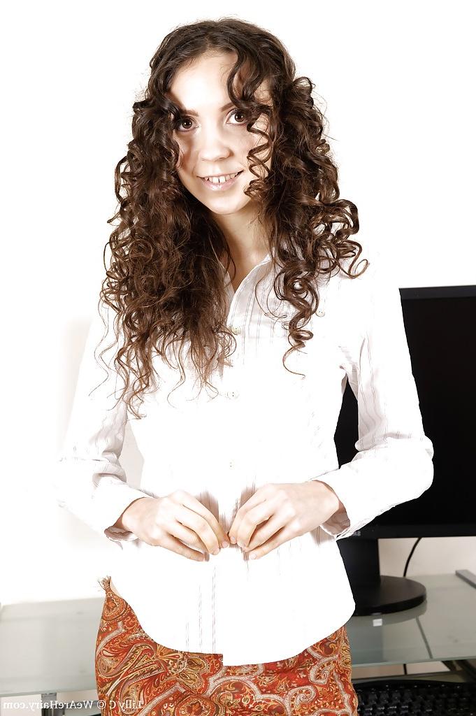 16P Seductive secretary stripping and showing off her bush in the office