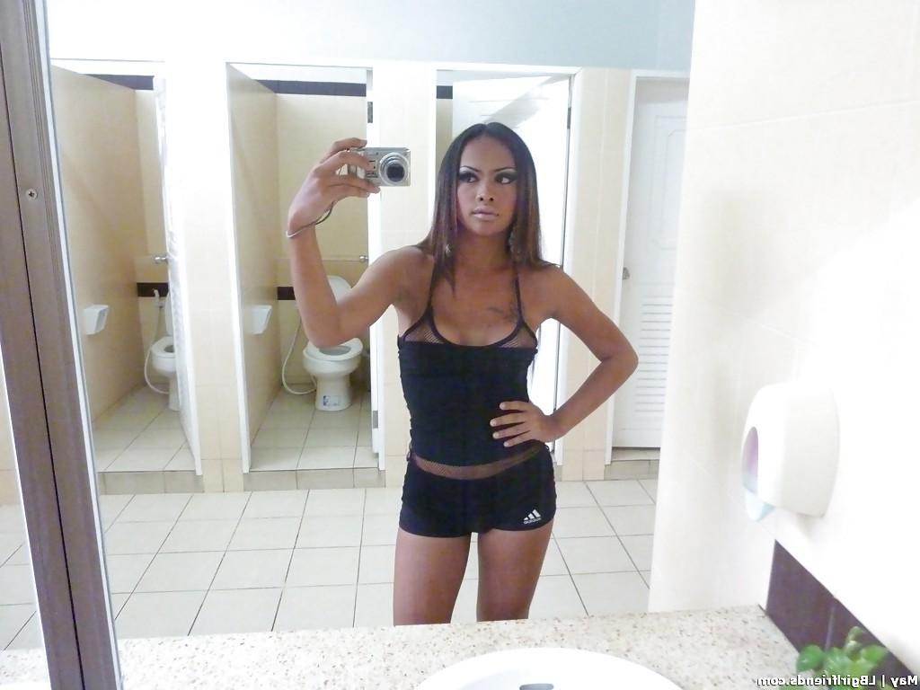 16P Cute Asian shemale May flashing her big tranny tits in public