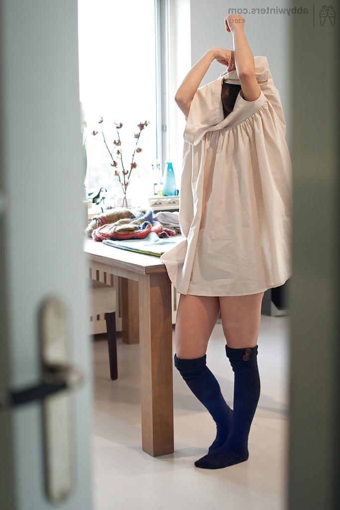 16P Coed in knee high socks pulls up pretty panties while getting dressed