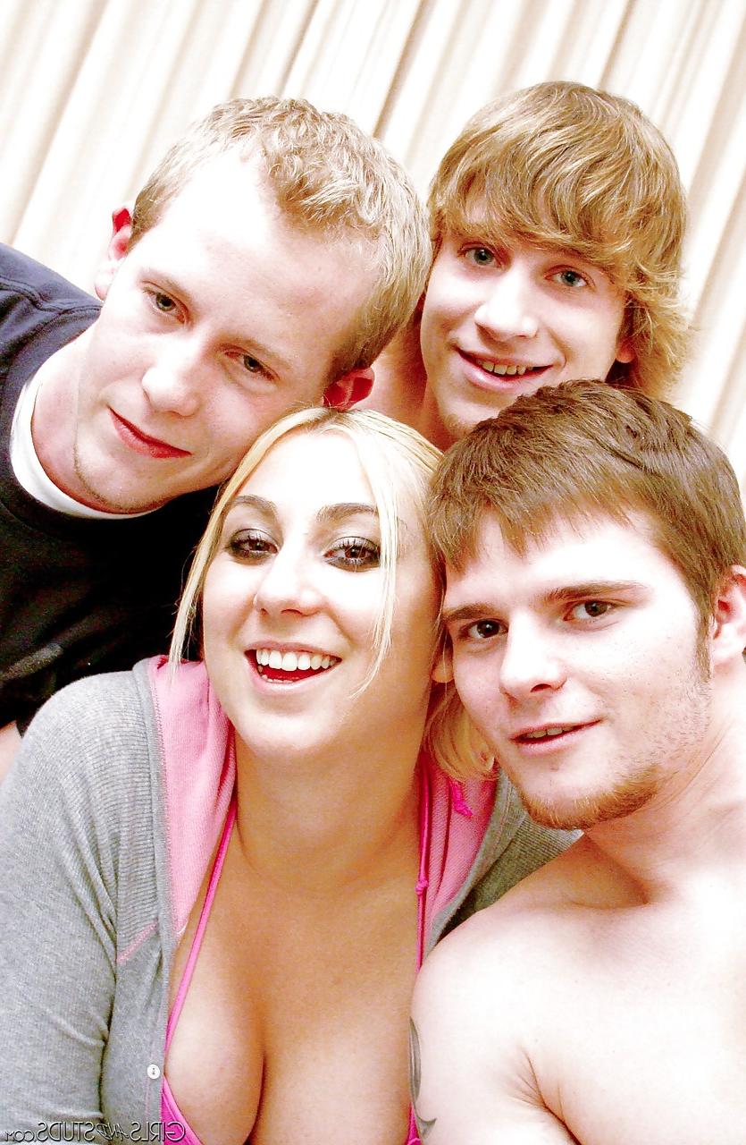 15P Young blonde pornstar getting gangbanged in pigtails and argyle socks