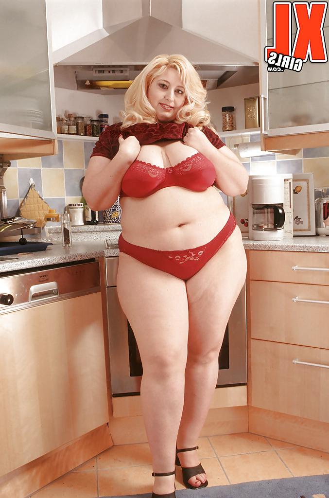 16P Busty blonde SSBBW Radka masturbating in kitchen with sex toy