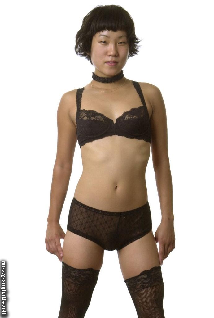 16P Slim asian girl taking off her lingerie and spreading her legs in stockings