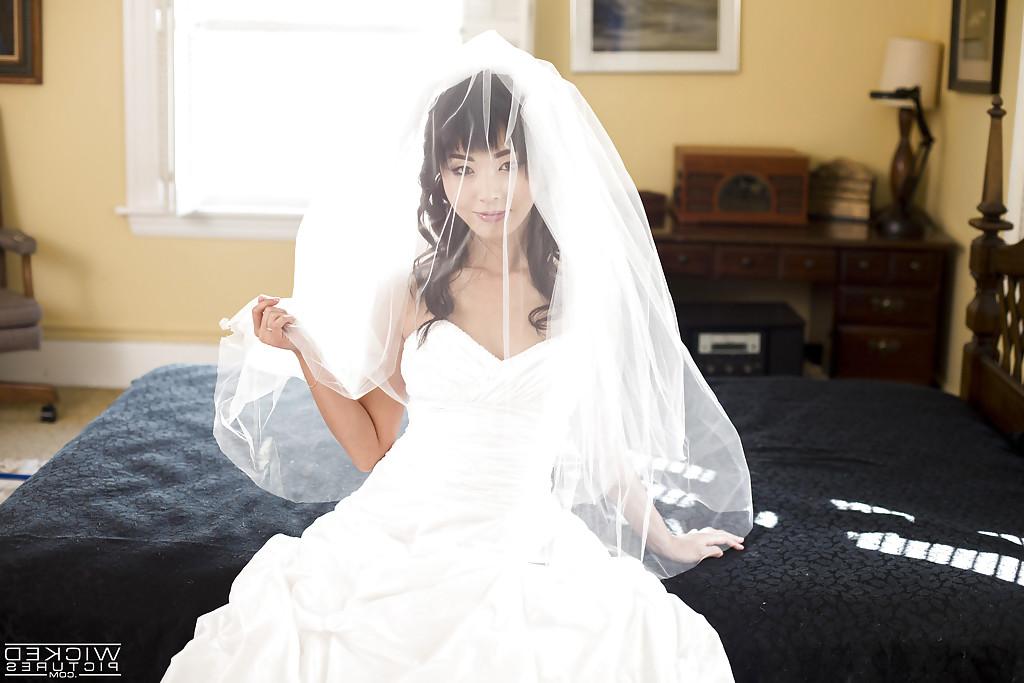 16P Hot Asian pornstar Marica Hase posing topless in wedding dress