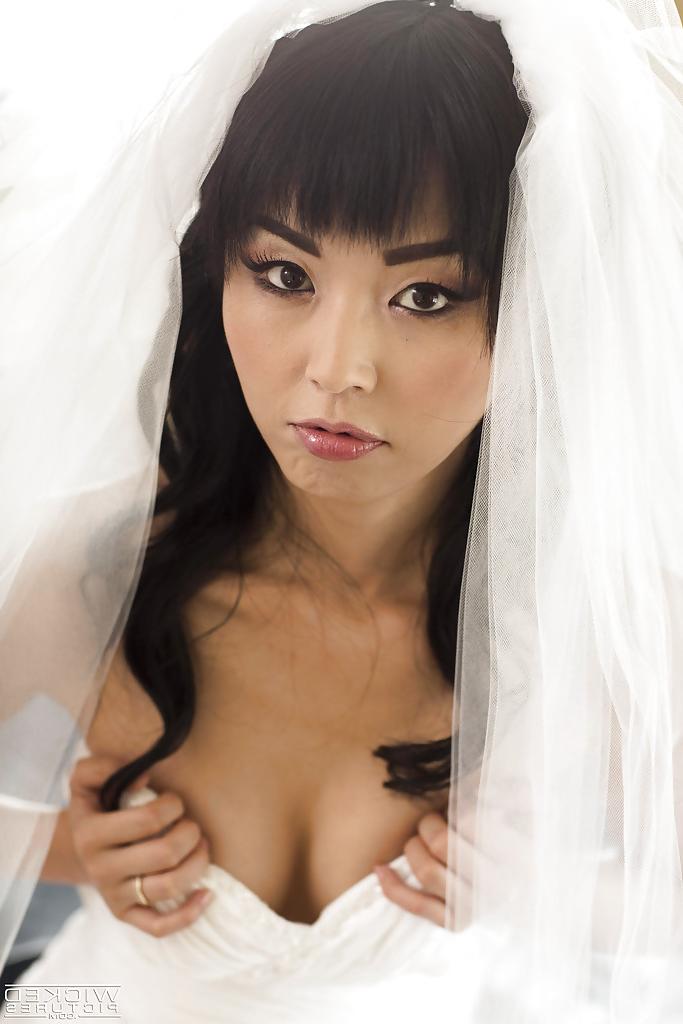16P Hot Asian pornstar Marica Hase posing topless in wedding dress